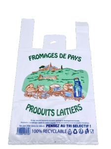500 sacs bretelles "Fromage de pays" 26 + 12 x 45 cm 50 µ en PEBD