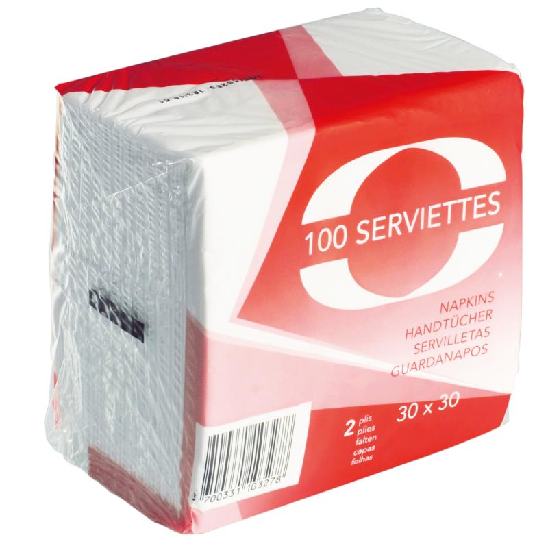 100 Serviettes Blanches Papiers Jetables 30 x 30 cm 2 Plis Pure Ouate /