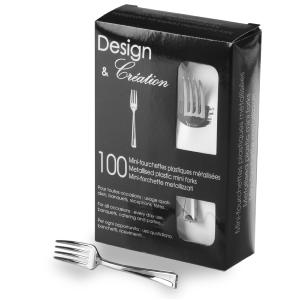 100 mini fourchettes métallisées jetables en plastique 10 cm