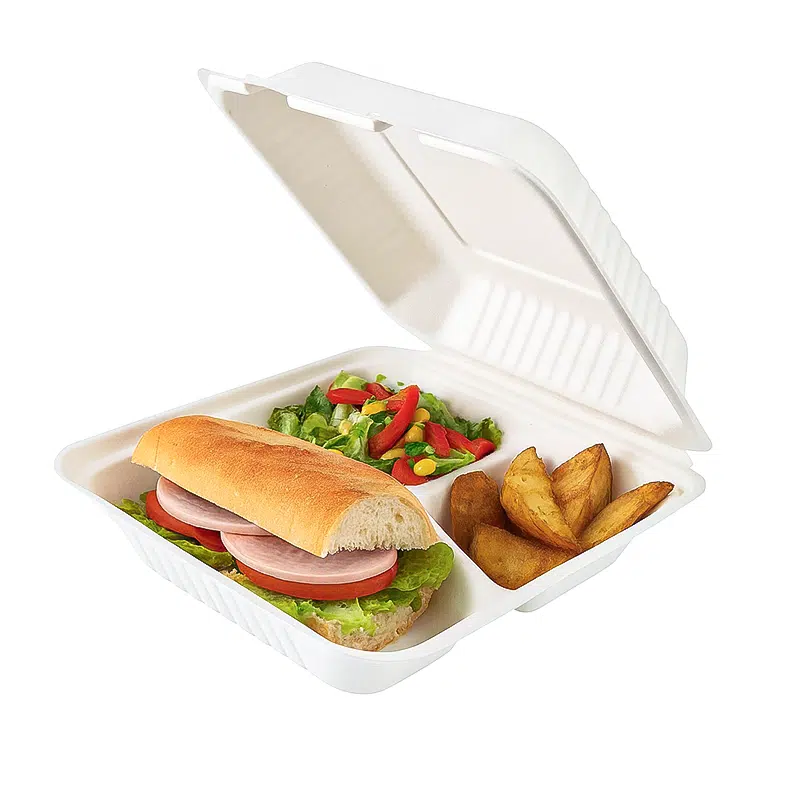 Boite repas 3 compartiments bagasse biodégradable 236 x 229 x 85 mm par 50