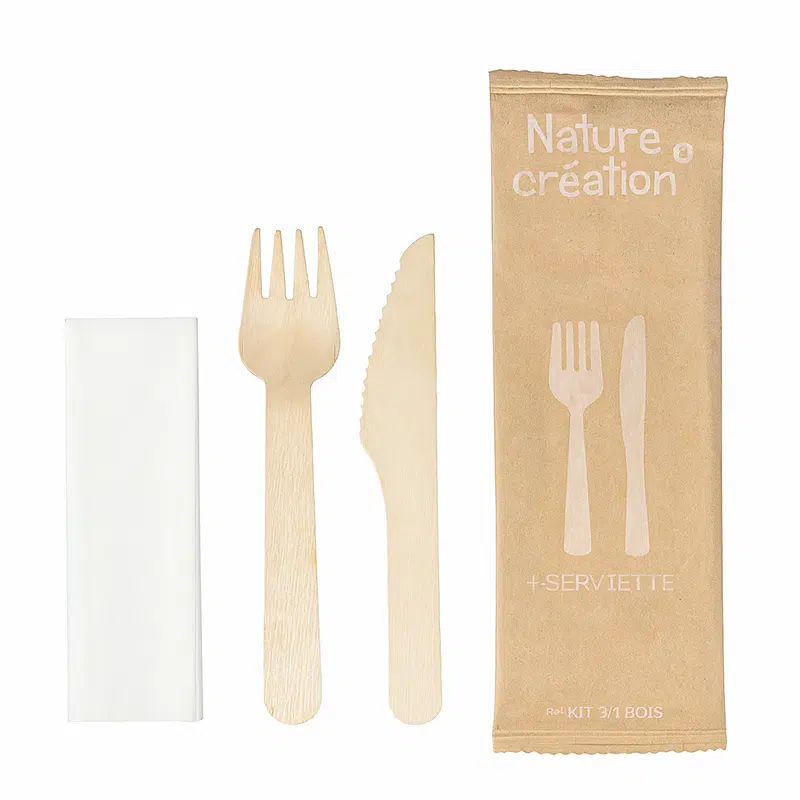 Besteckset aus Holz Messer + Gabeln + Servietten 1 Falte pro 250