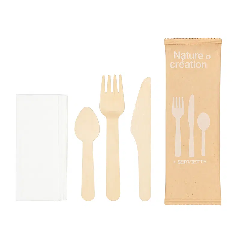 Kit couverts bois couteaux + fourchettes + serviettes + cuillères par 250