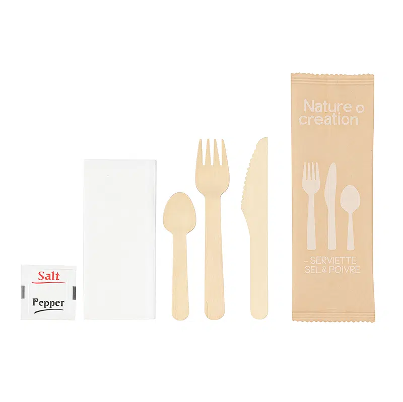 Kit couverts bois couteaux + fourchettes + serviettes + cuillères + sel + poivre