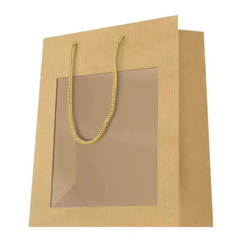 Kraft cardboard carrier bag with window and drawstring handles 26 + 13 x 32 cm
