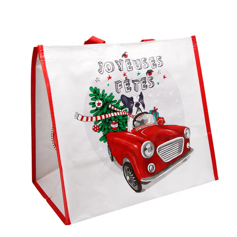 Sac cabas « Noël chien WOODY » PP tissé réutilisable 40 + 24 x 35 cm