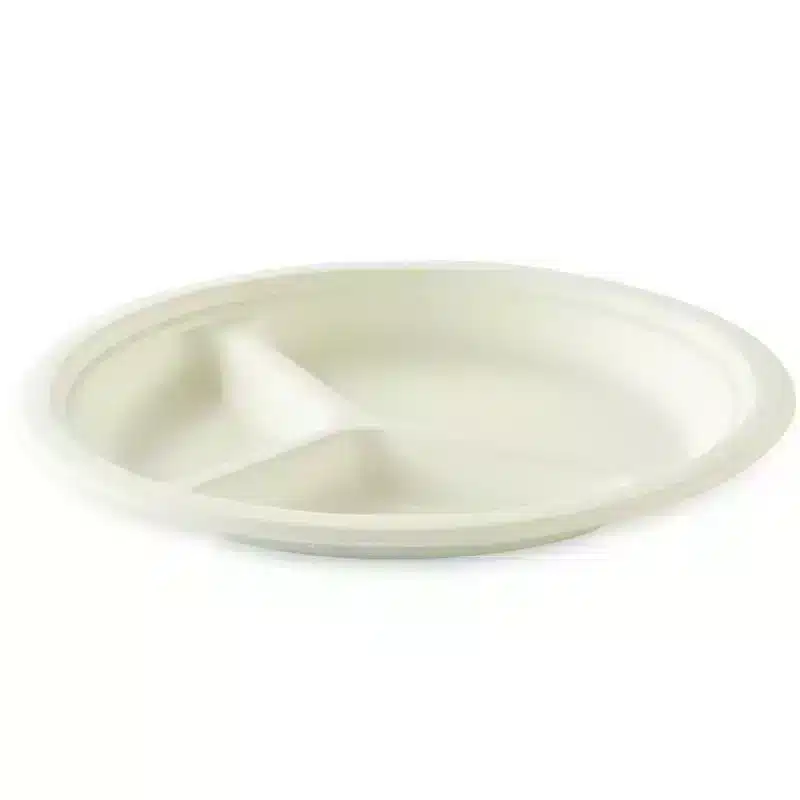50 platos biodegradables 3 compartimentos 26 cm