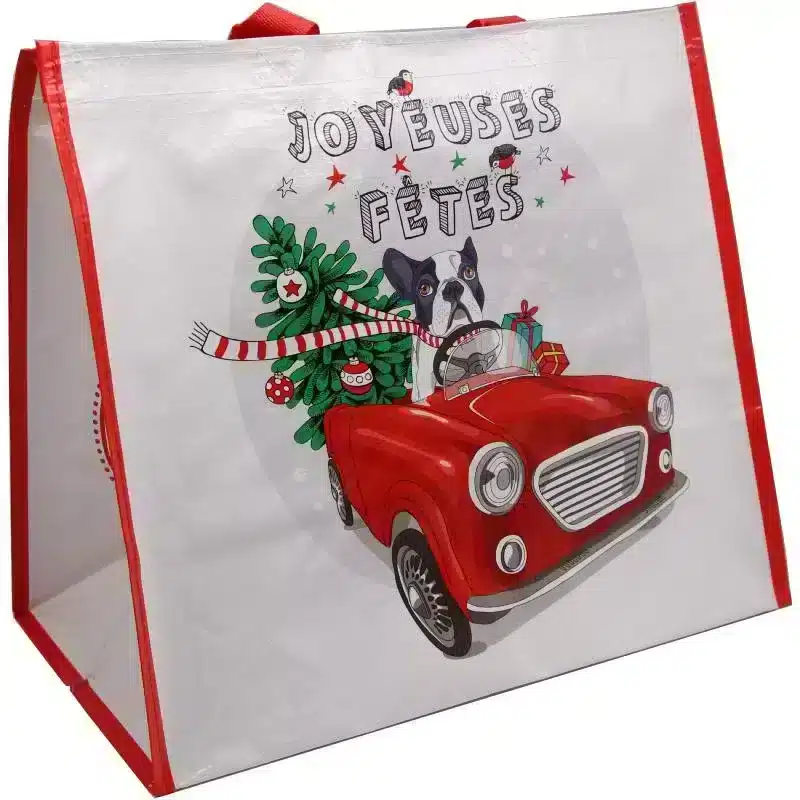 1 “Christmas dog WOODY” woven PP reusable shopping bag 40 + 24 x 35 cm