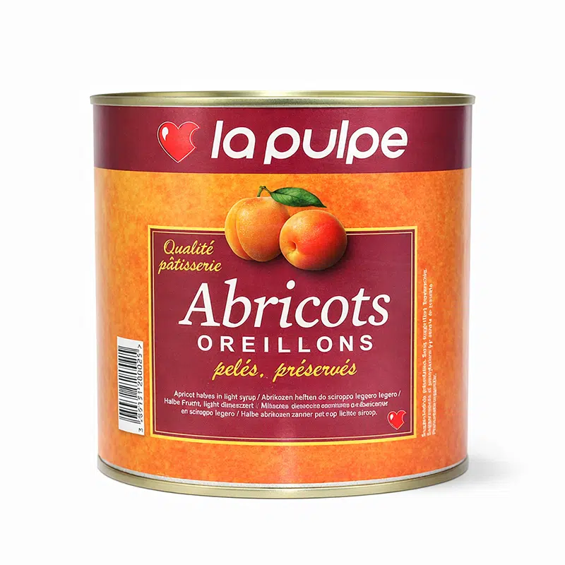 Metades de alperce peladas conservadas, qualidade de pastelaria, em lata 3/1