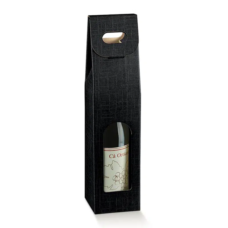 Caja para botellas de cartón negro con asa integrada 90 x 90 x 384 mm, paquete de 5