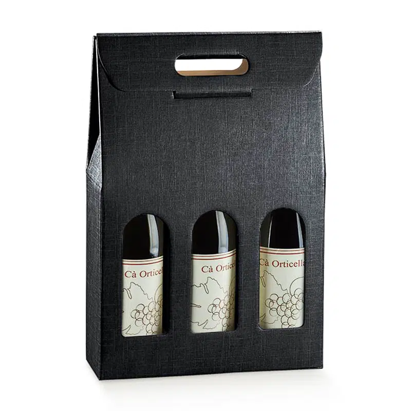 Estuche de cartón negro de 3 botellas con asa integrada 270 x 90 x 385 mm, paquete de 5