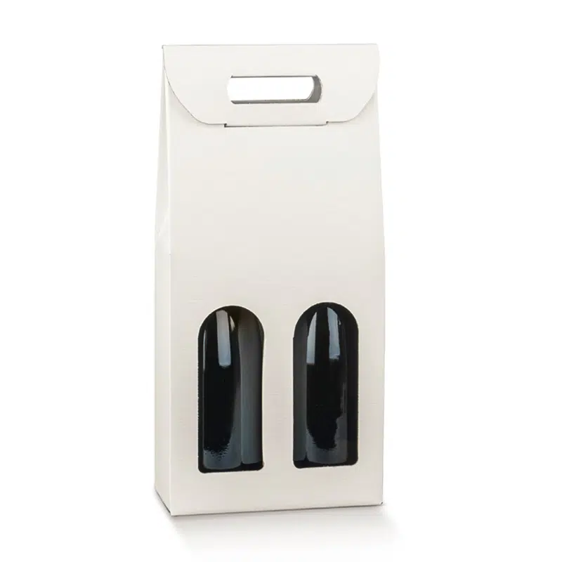 Estuche de cartón blanco de 2 botellas con asa integrada 180 x 90 x 385 mm, paquete de 5