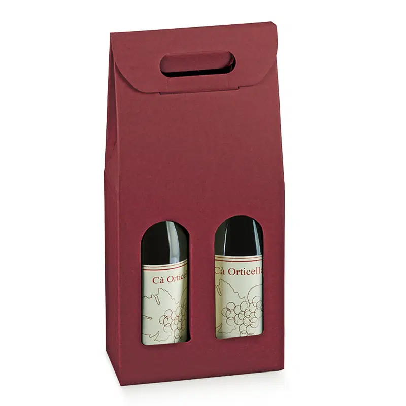 Estuche de cartón burdeos de 2 botellas con asa integrada 180 x 90 x 385 mm, paquete de 5