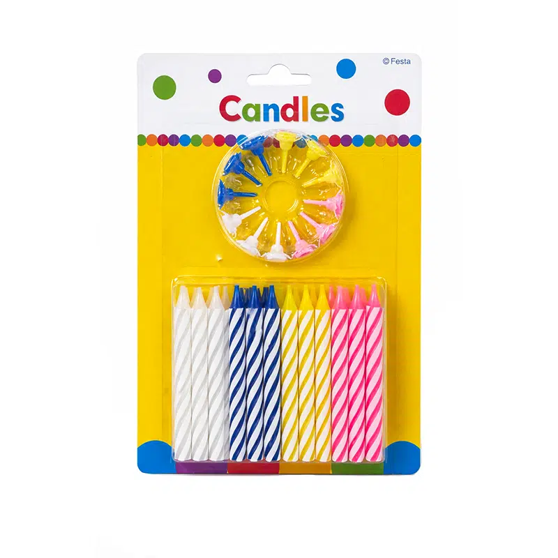 Bougie d’anniversaire 8 cm lot de 24 avec 12 supports assortis