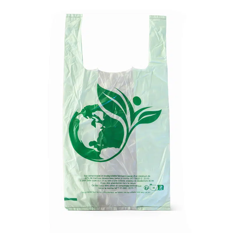 Green recycled T-shirt bag 26 + 12 x 45 cm 14 µ biodegradable, pack of 1000