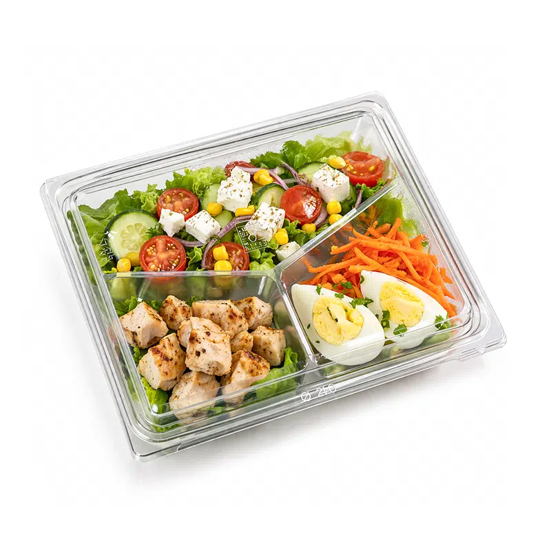 Envase para ensalada rectangular 230 x 175 x 80 mm 3 compartimentos por 150