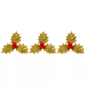 Décoration bûche feuille de houx triple dorée mat par 100