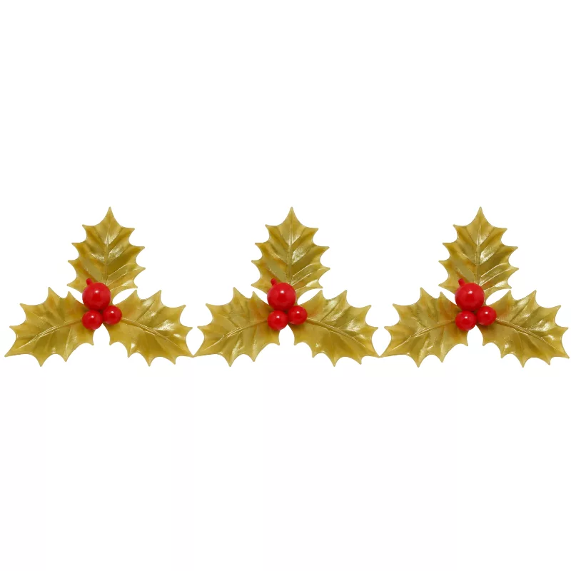 Décoration bûche feuille de houx triple dorée mat par 100